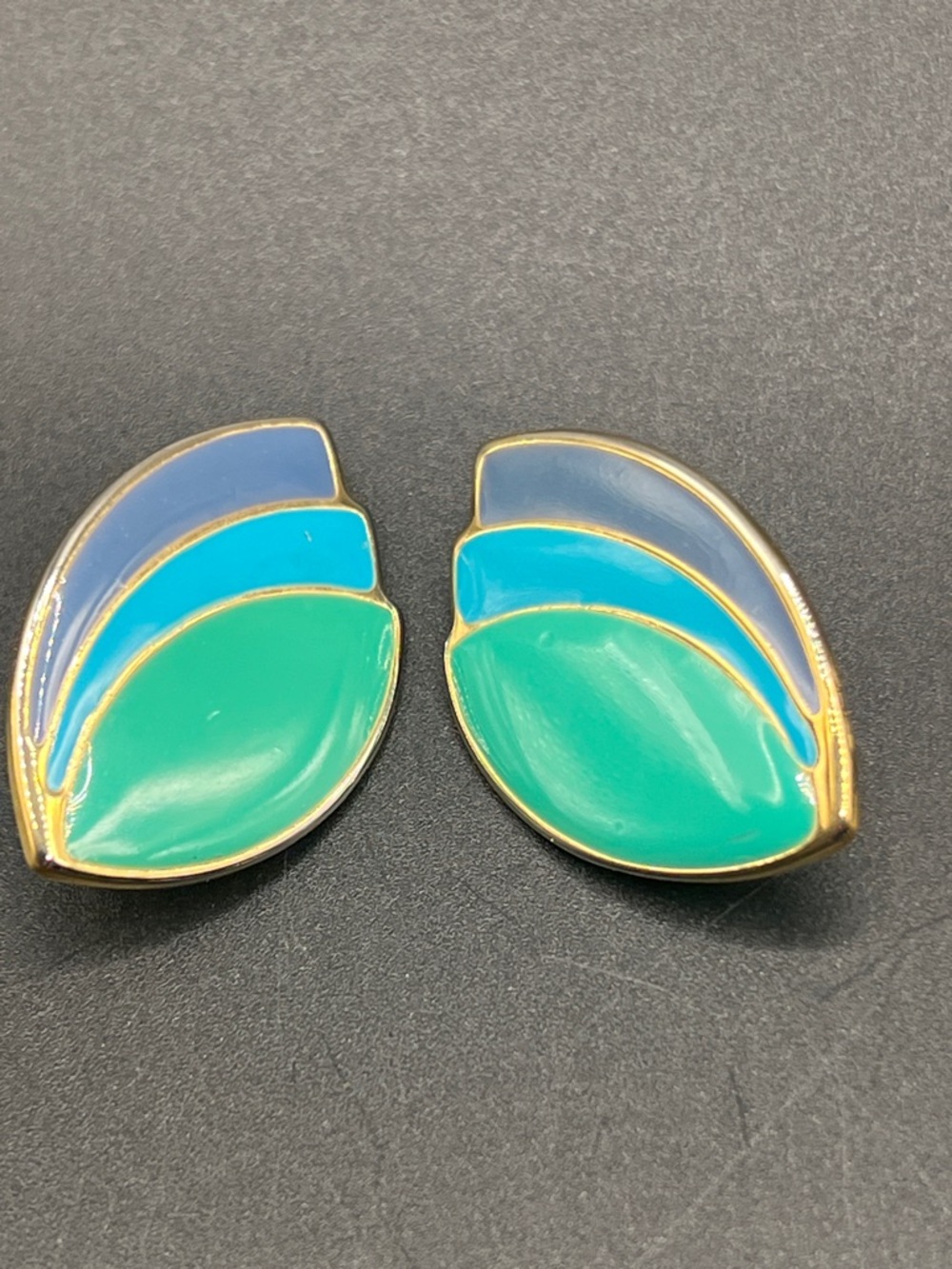 Vintage Gold-Tone Green, Turquoise & Periwinkle Enamel Leaf Earrings